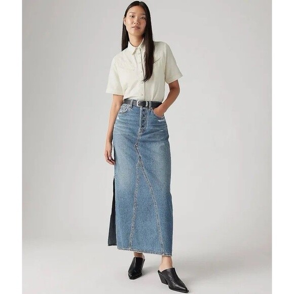 Levi's Women's Iconic Denim Maxi Skirt Side Slit Sz 32 - Picture 1 of 6